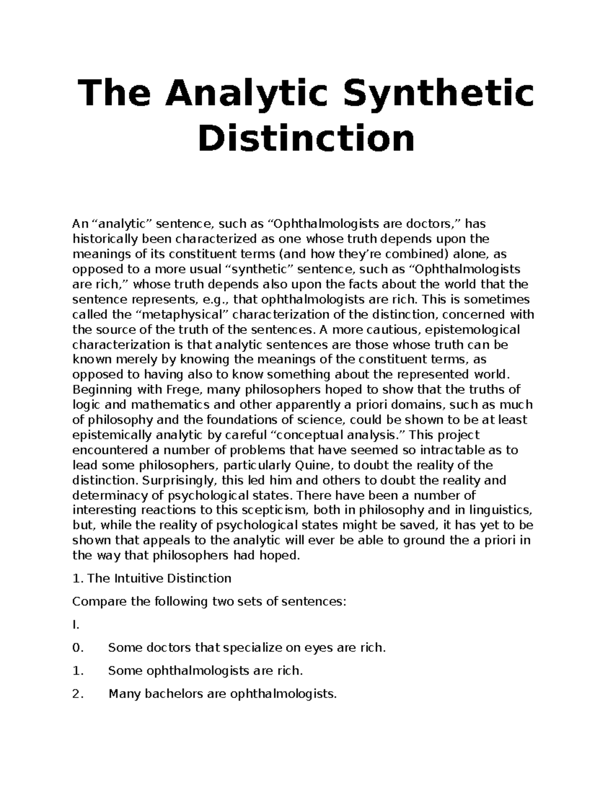 Lecture 4 The Analytic Synthetic Distinction The Analytic Synthetic Distinction An “analytic