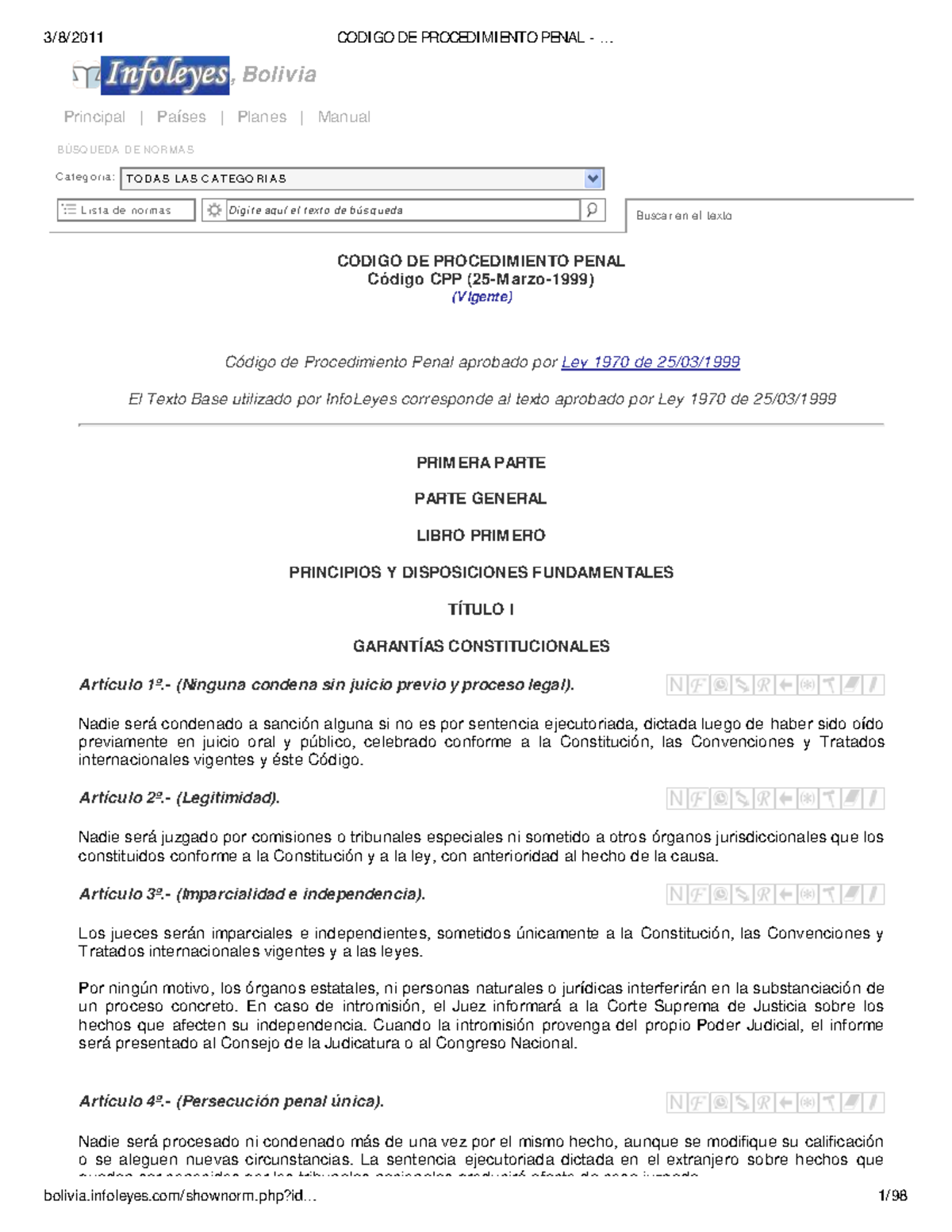 Codigo procedimiento penal - , Bolivia Principal | Países | Planes