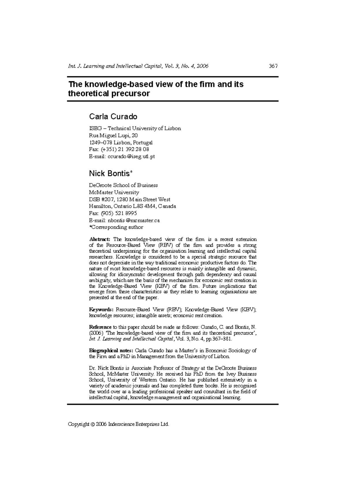 The knowledgebased view of the firm and its theoretical precursor