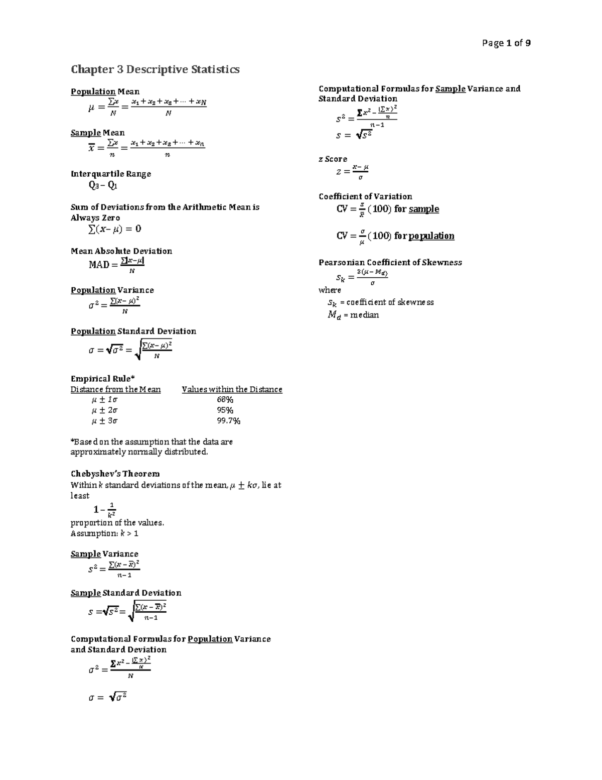 BU255 All Formulas - ठ⃚ Chapterठ⃚3ठ⃚Descriptiveठ⃚Statisticsठ⃚ ...