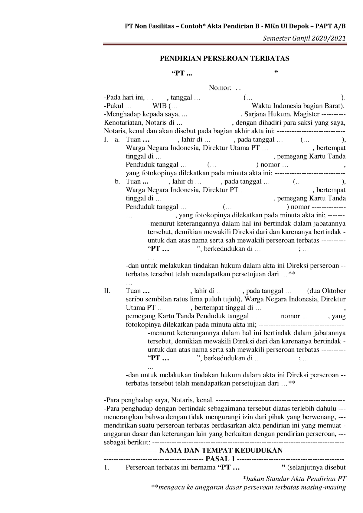 Contoh Akta Pendirian PT B - Semester Ganjil 2020/ Bukan Standar Akta ...