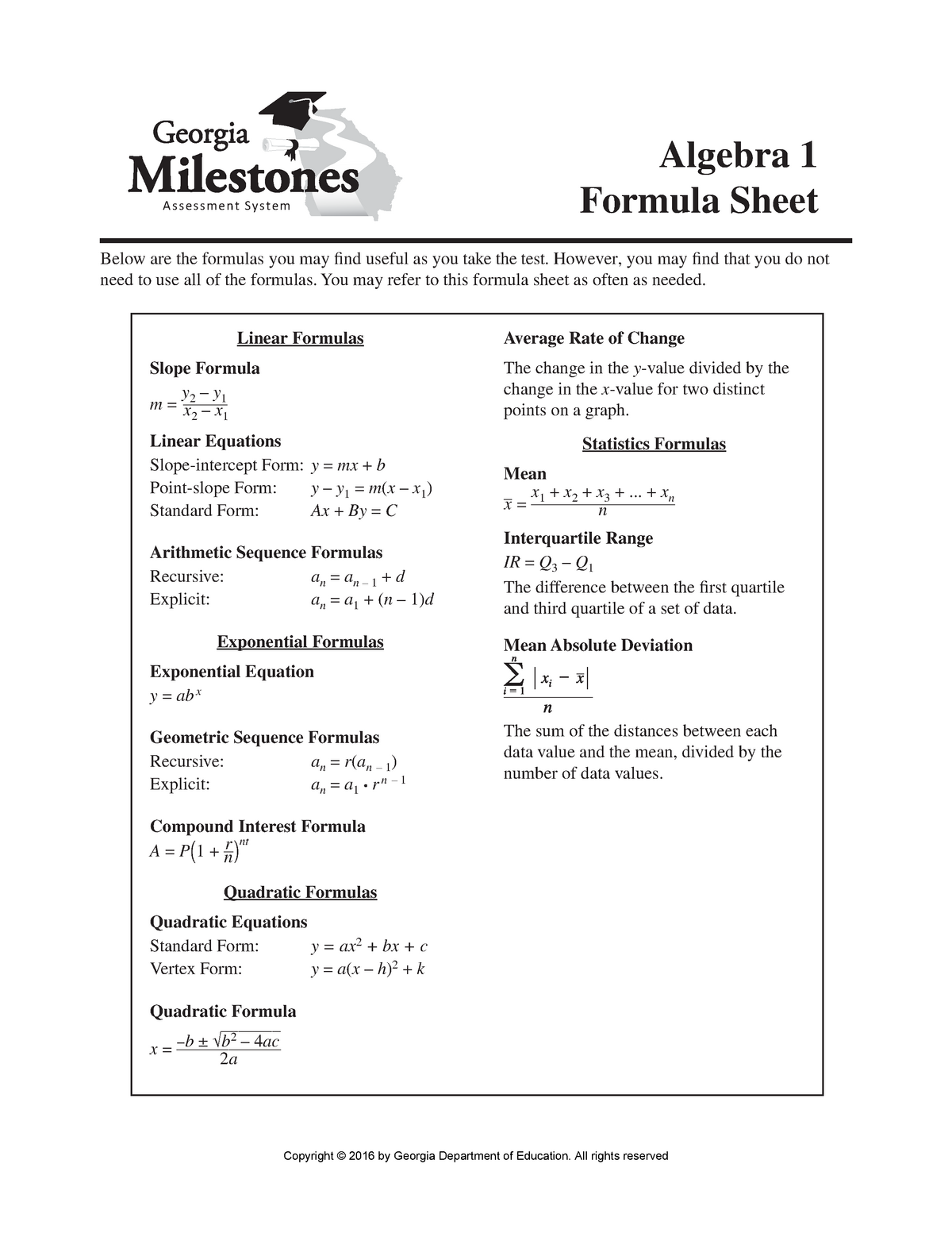 Algebra I Formula Sheet Algebra 1 Assessment System Formula Sheet