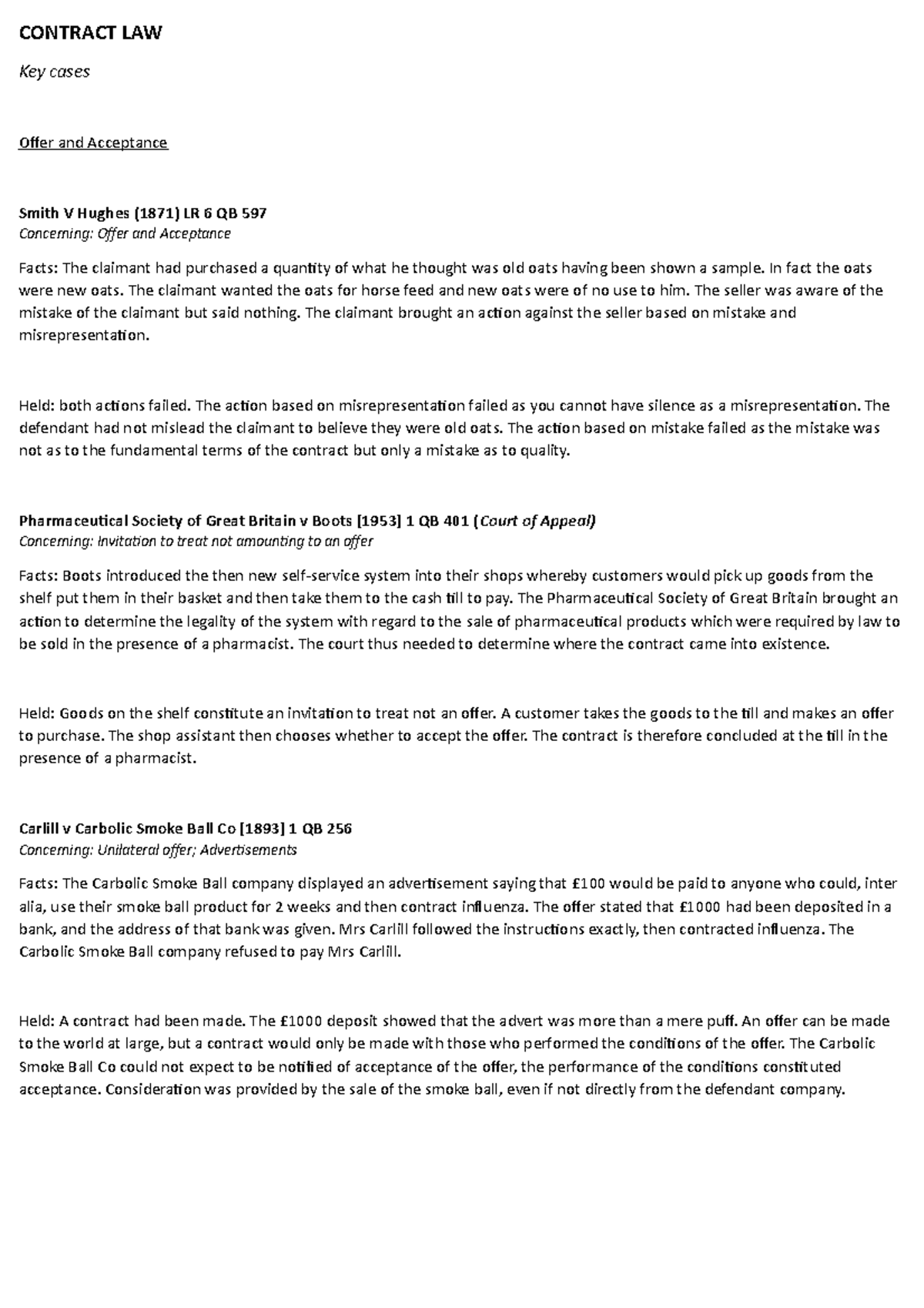 offer and acceptance Key cases CONTRACT LAW Key cases Offer and