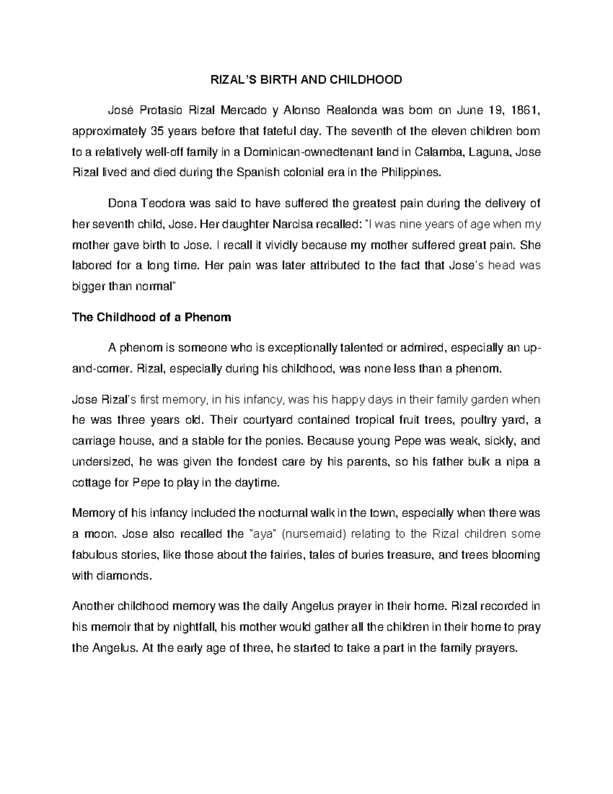 Lecture Notes 10 Rizal s Birth and Childhood RIZAL’S BIRTH AND CHILDHOOD José Protasio Rizal