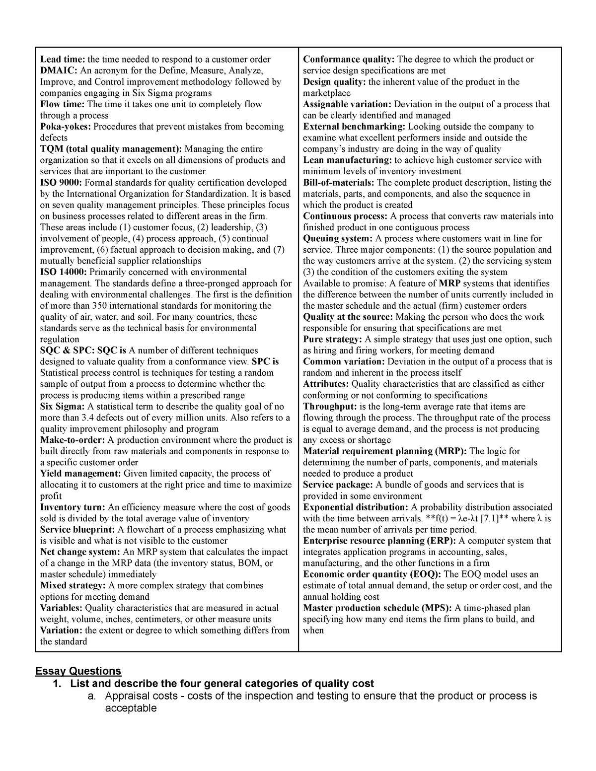 Exam 2 Review - Lead time: the time needed to respond to a customer ...