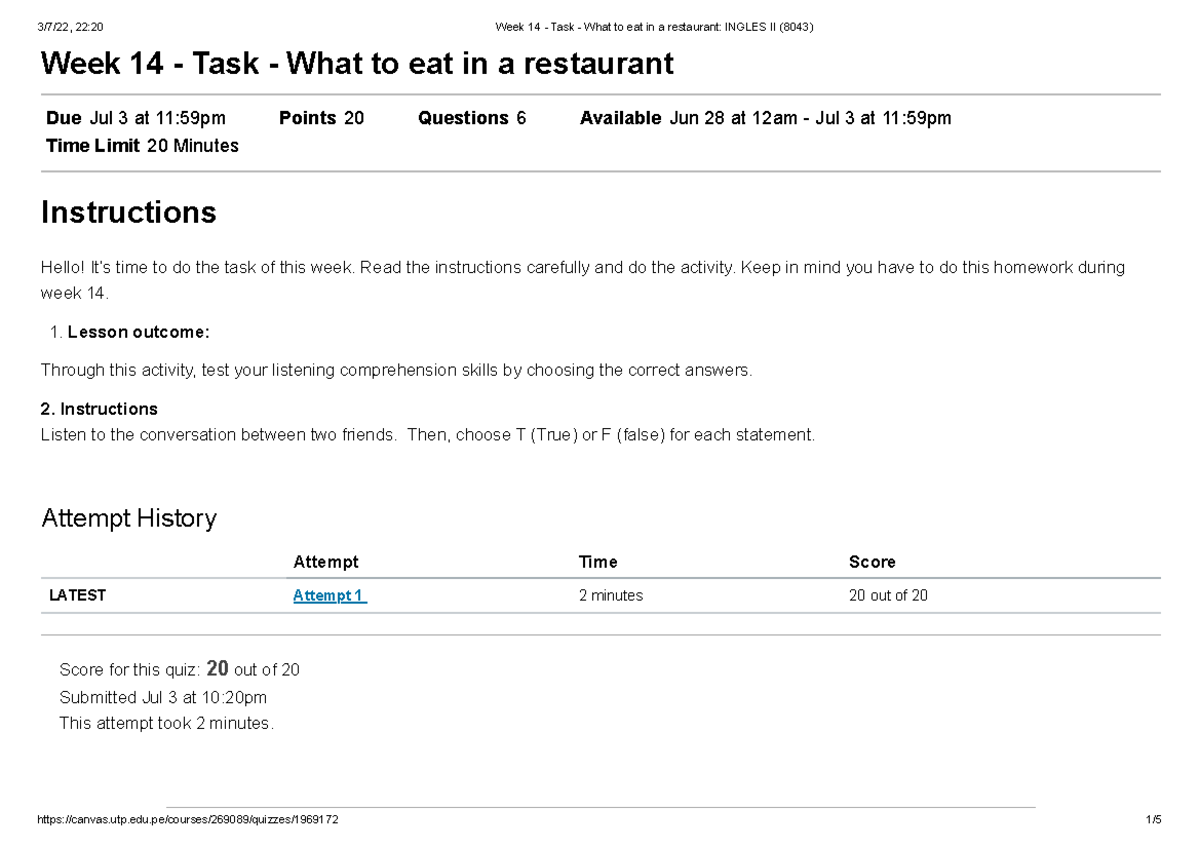 Week 14 Task What to eat in a restaurant Ingles II (8043) Week 14