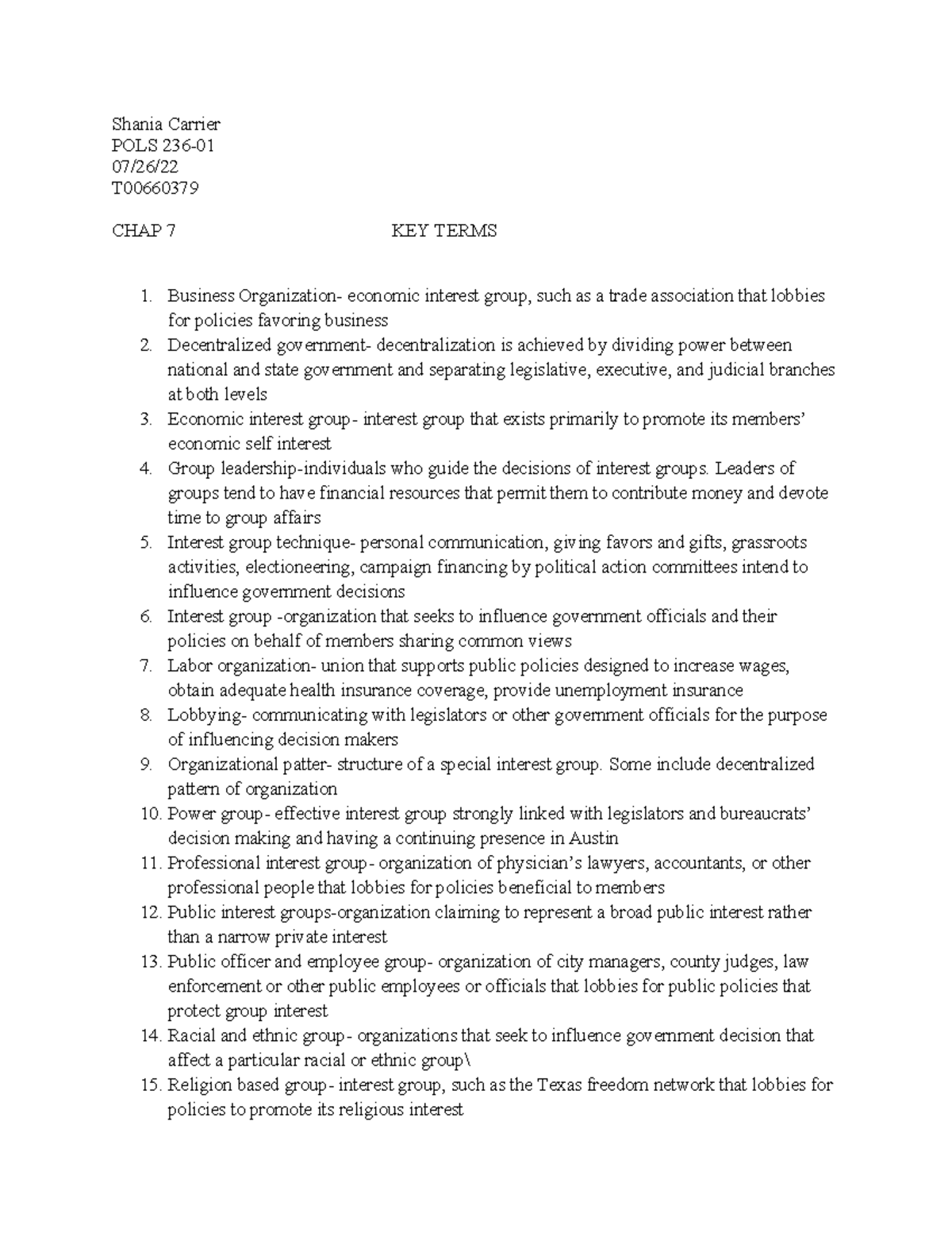 Texas Gov Key term 7 - key terms of government - Shania Carrier POLS ...