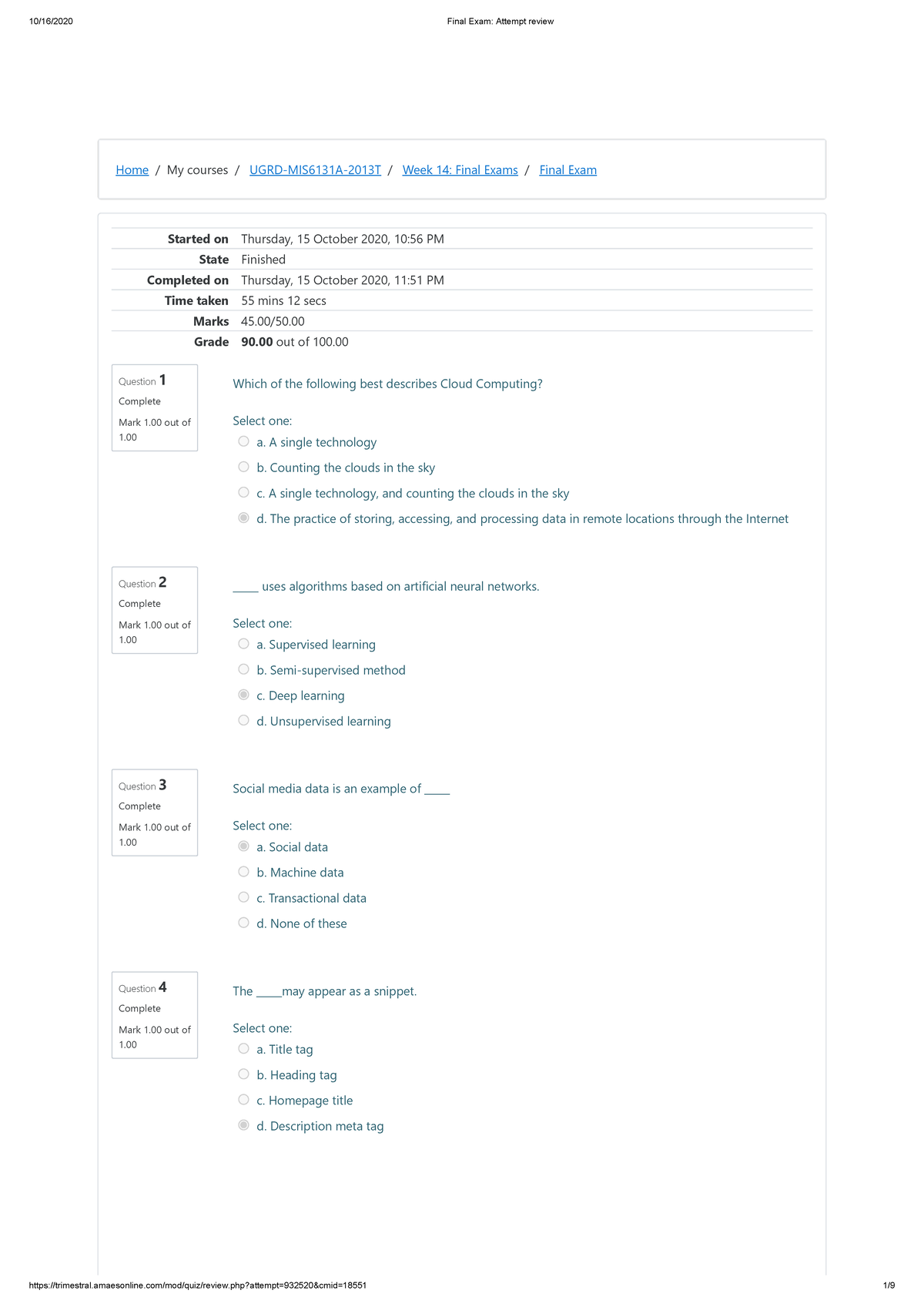 Final Exam Attempt Review - Home / My Courses / UGRD-MIS6131A-2013T ...