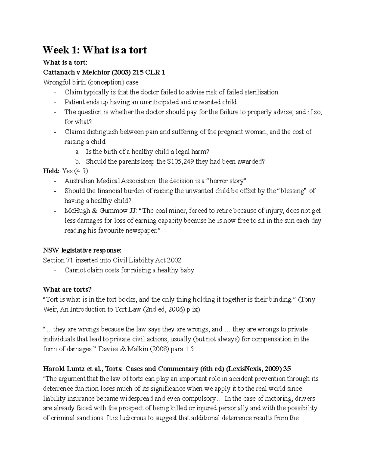 Law of Torts Final Exam Summary Notes - LLB 240 - UOW - StuDocu