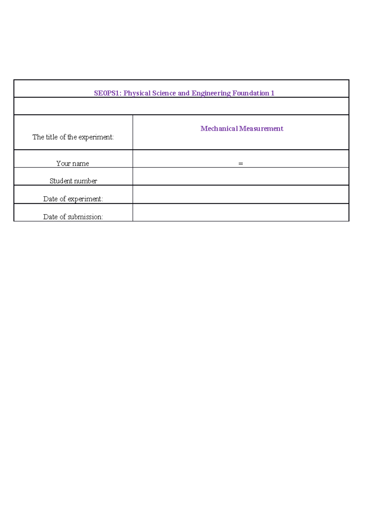 Mechanical measurement -LAB REPORT - SE0PS1: Physical Science and ...