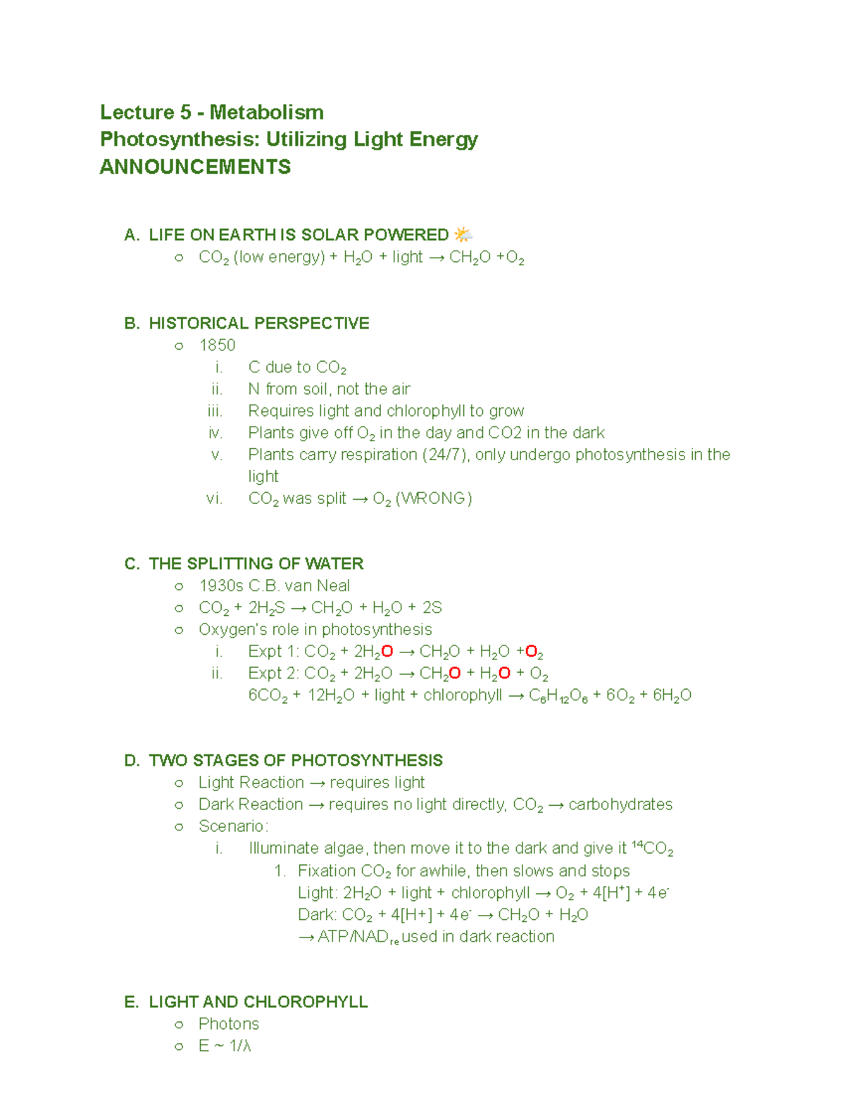 BIOL121 Lecture 5 Notes - Photosynthesis - Lecture 5 - Metabolism ...