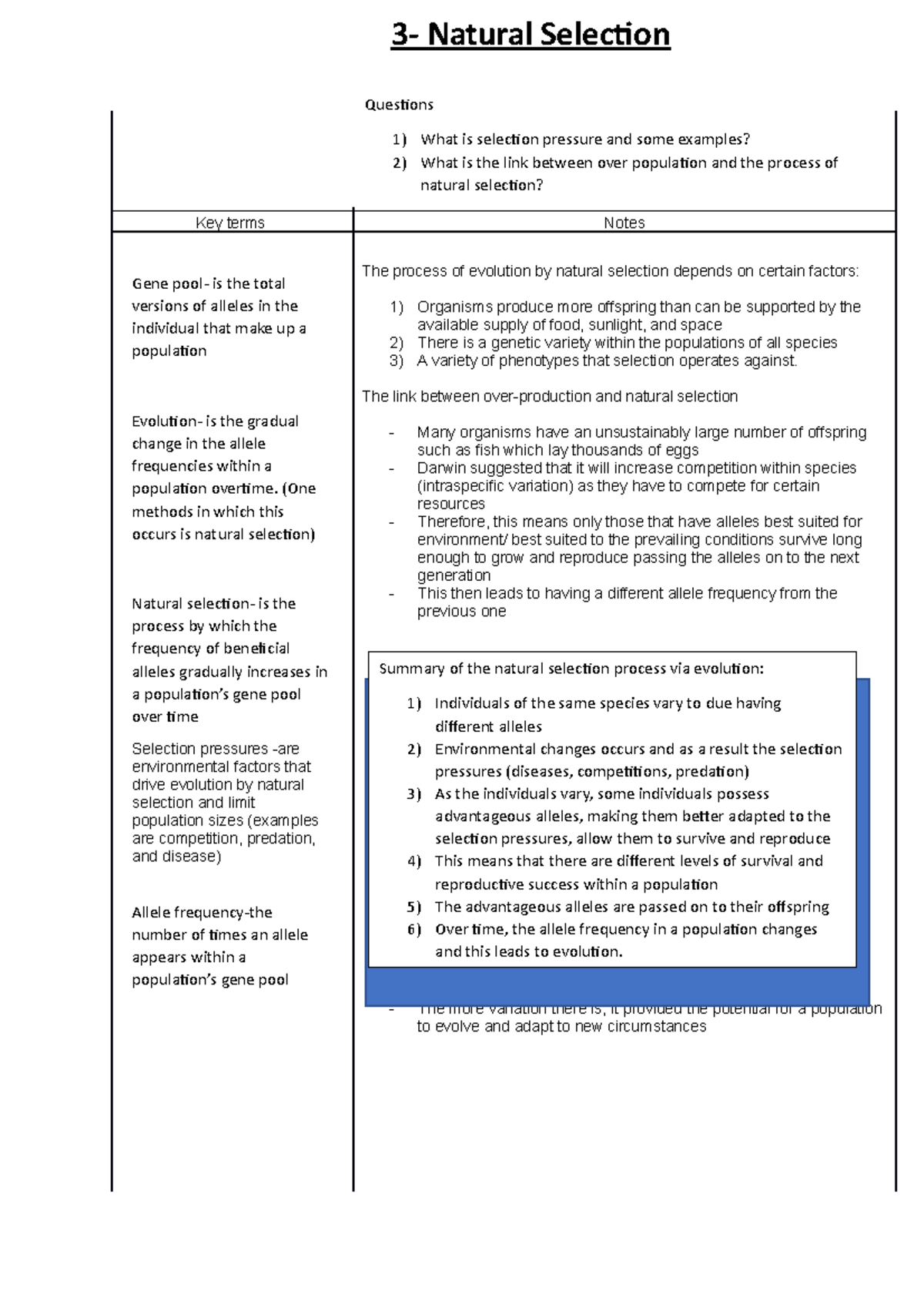 3-Natural selection - biology - Key terms Notes The process of ...