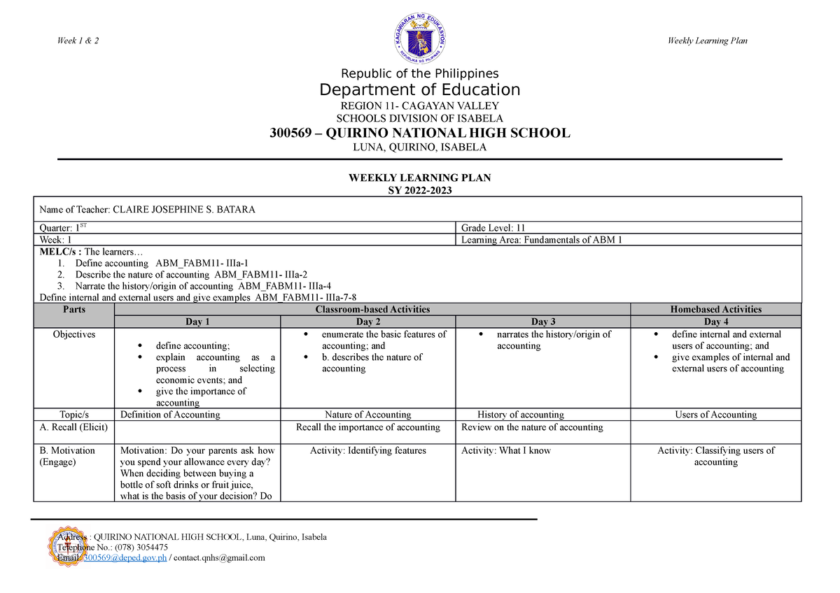 WLP-Week-1 - MATERIALS - Week 1 & 2Weekly Learning Plan Republic Of The ...