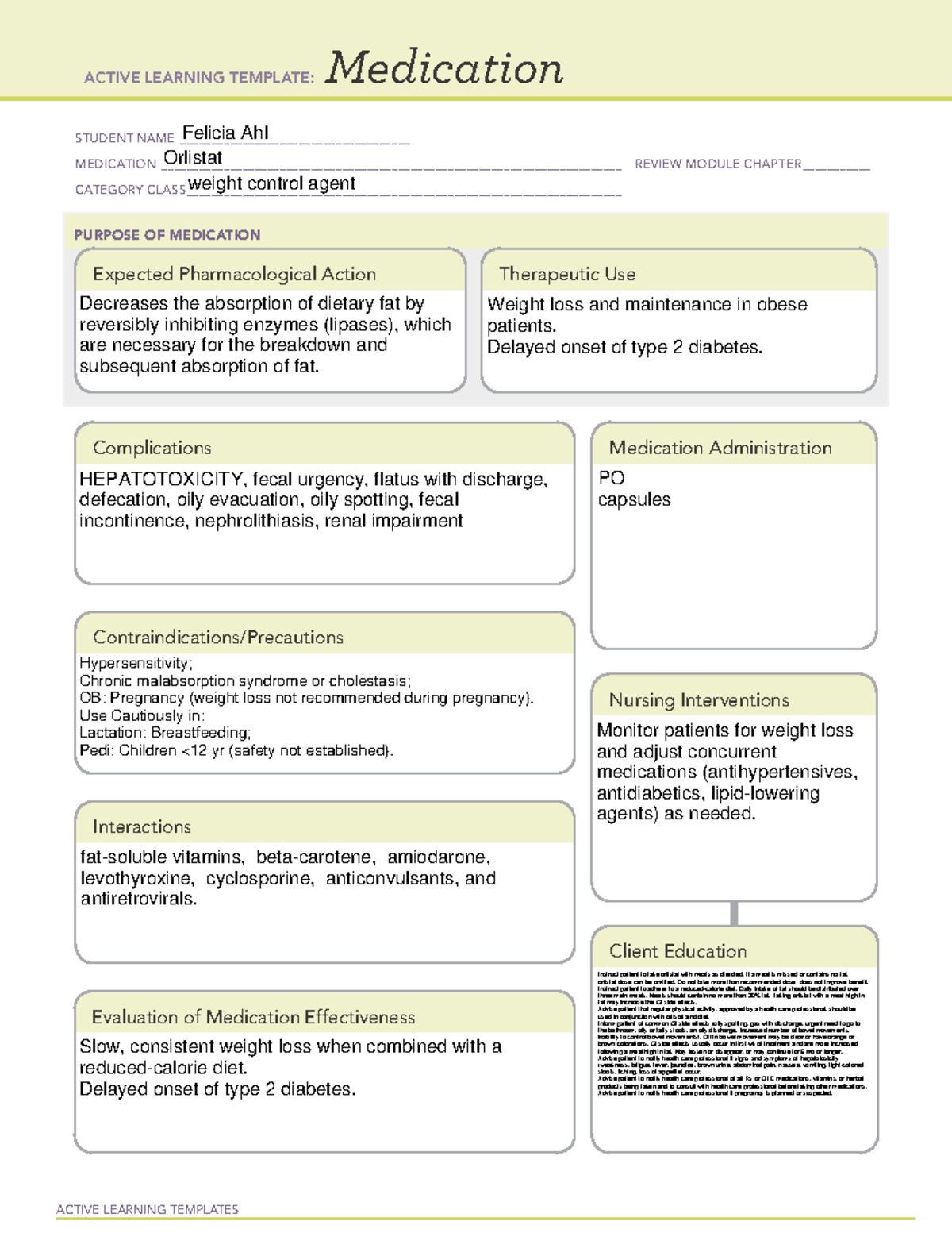 Orlistat drug cards ACTIVE LEARNING TEMPLATES Medication STUDENT