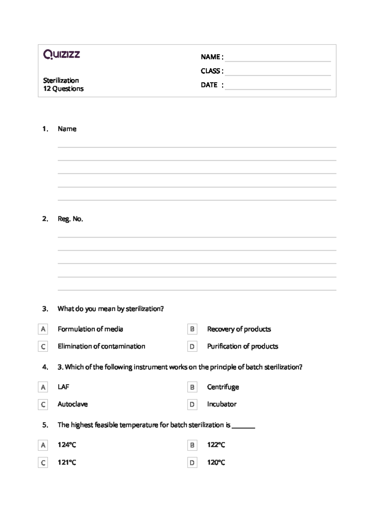 Quizz of Disinfection And Steralization Sterilization 12 Questions