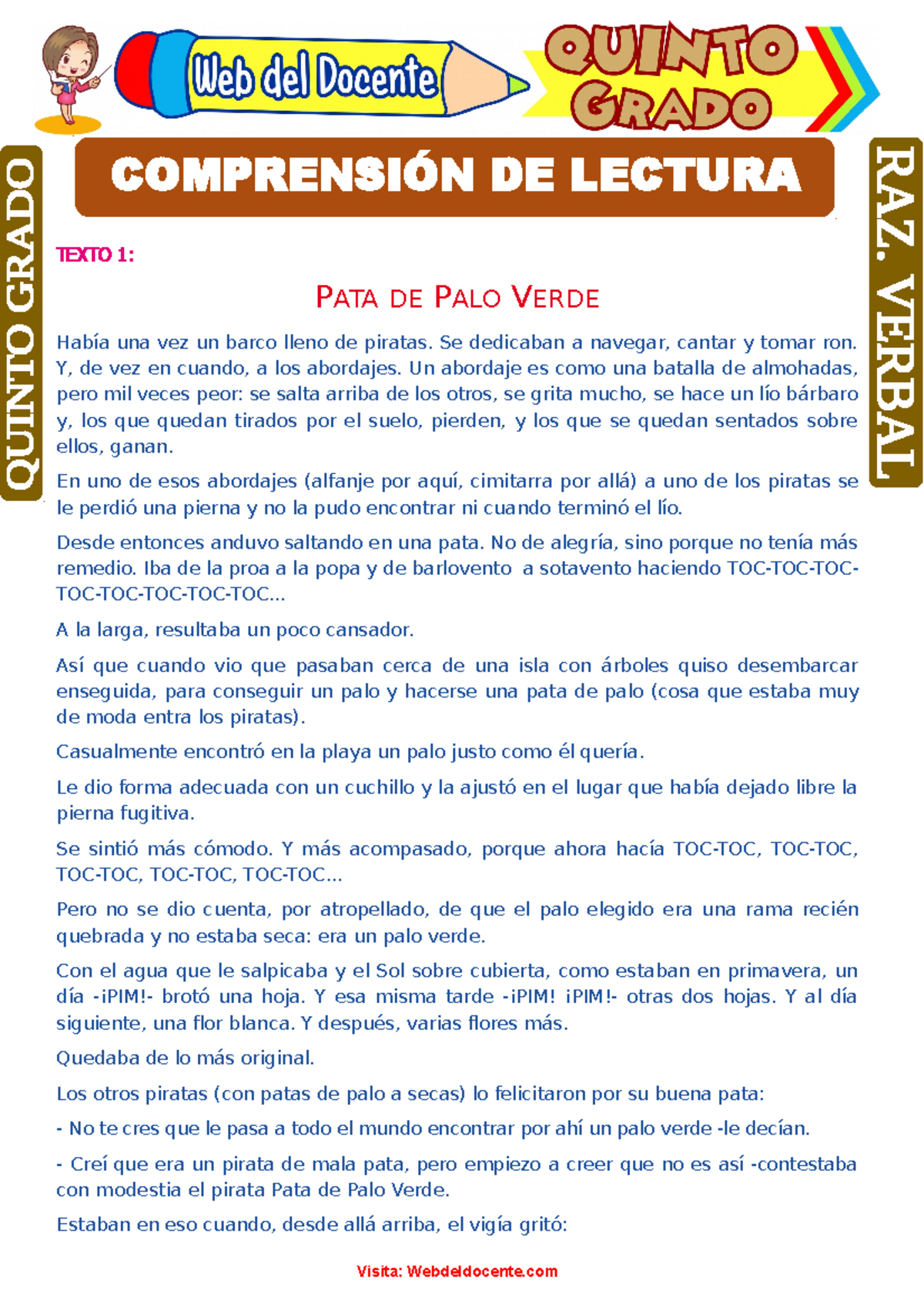 Comprensión de Lectura para Quinto Grado de Primaria TEXTO 1 PATA
