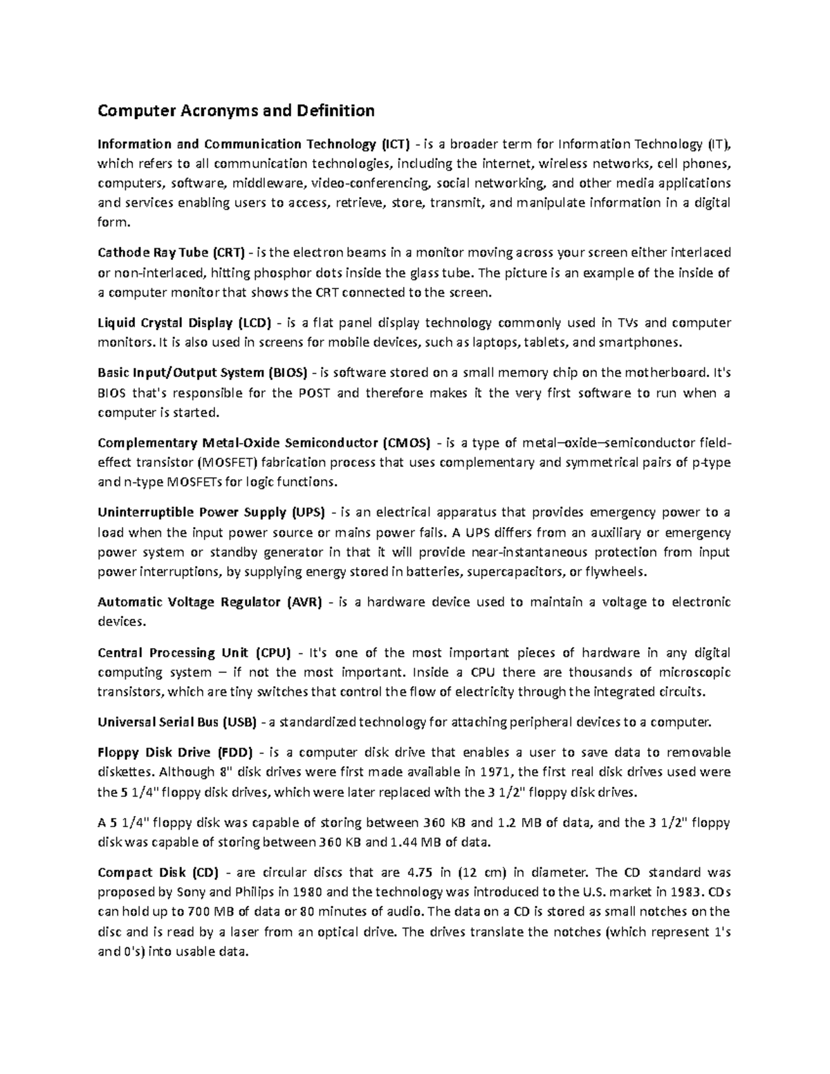 Computer Acronyms and Definition Computer Acronyms and Definition