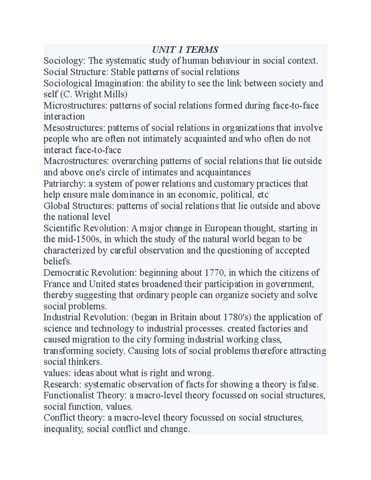 UNIT 1 Terms - UNIT 1 TERMS Sociology: The systematic study of human ...