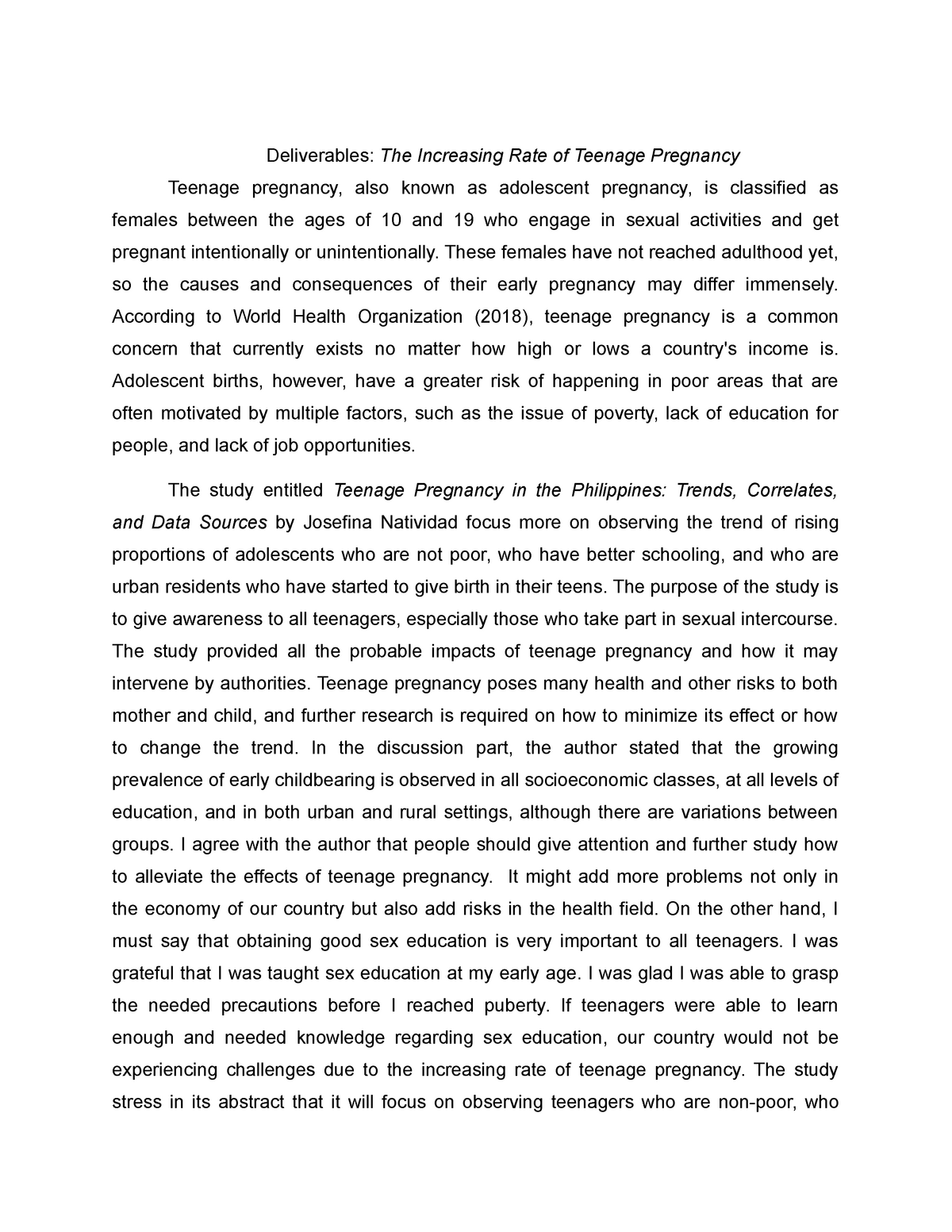 introduction of a research paper about teenage pregnancy