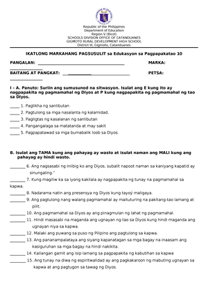 Ikalawang Markahang Pagsusulit Sa ESP 10 - Republic Of The Philippines ...