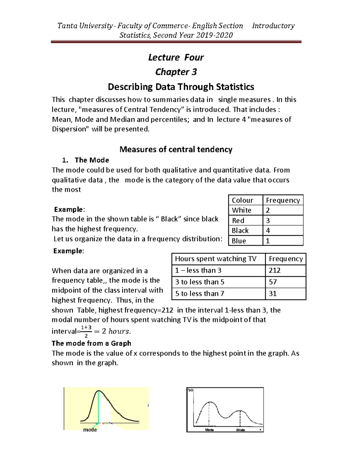 Lecture FOUR Introductory Statistics - Statistics, Second Year 2019 ...