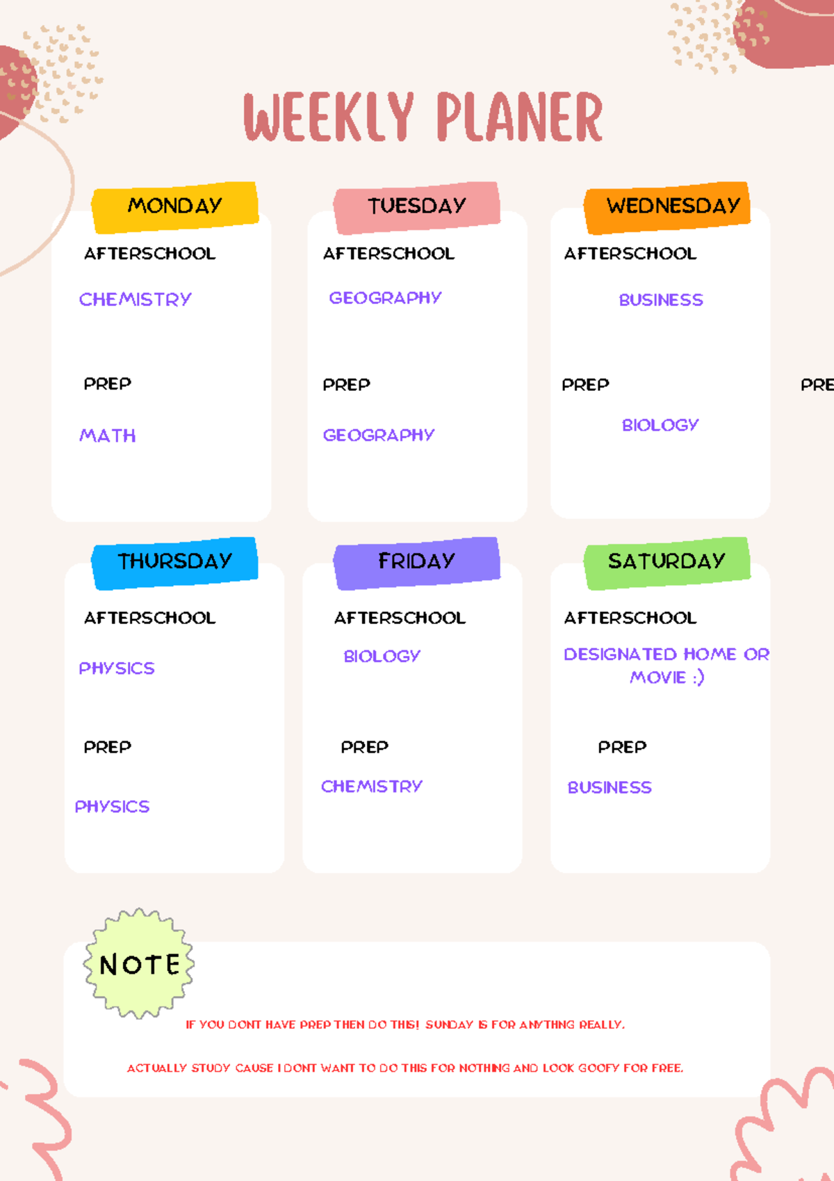 Biege Playful Daily Planner - Note Monday THURSDAY FRIDAY SATURDAY ...