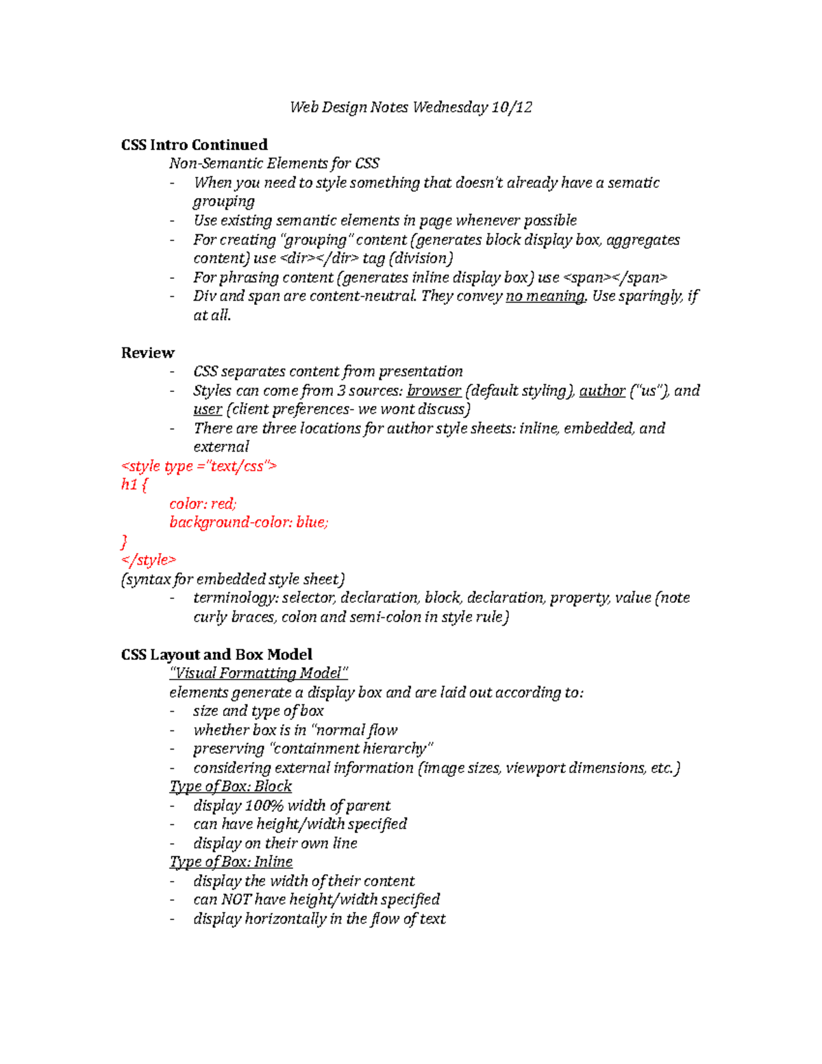 October 12th Notes - Web Design Notes Wednesday 10/12 CSS Intro ...