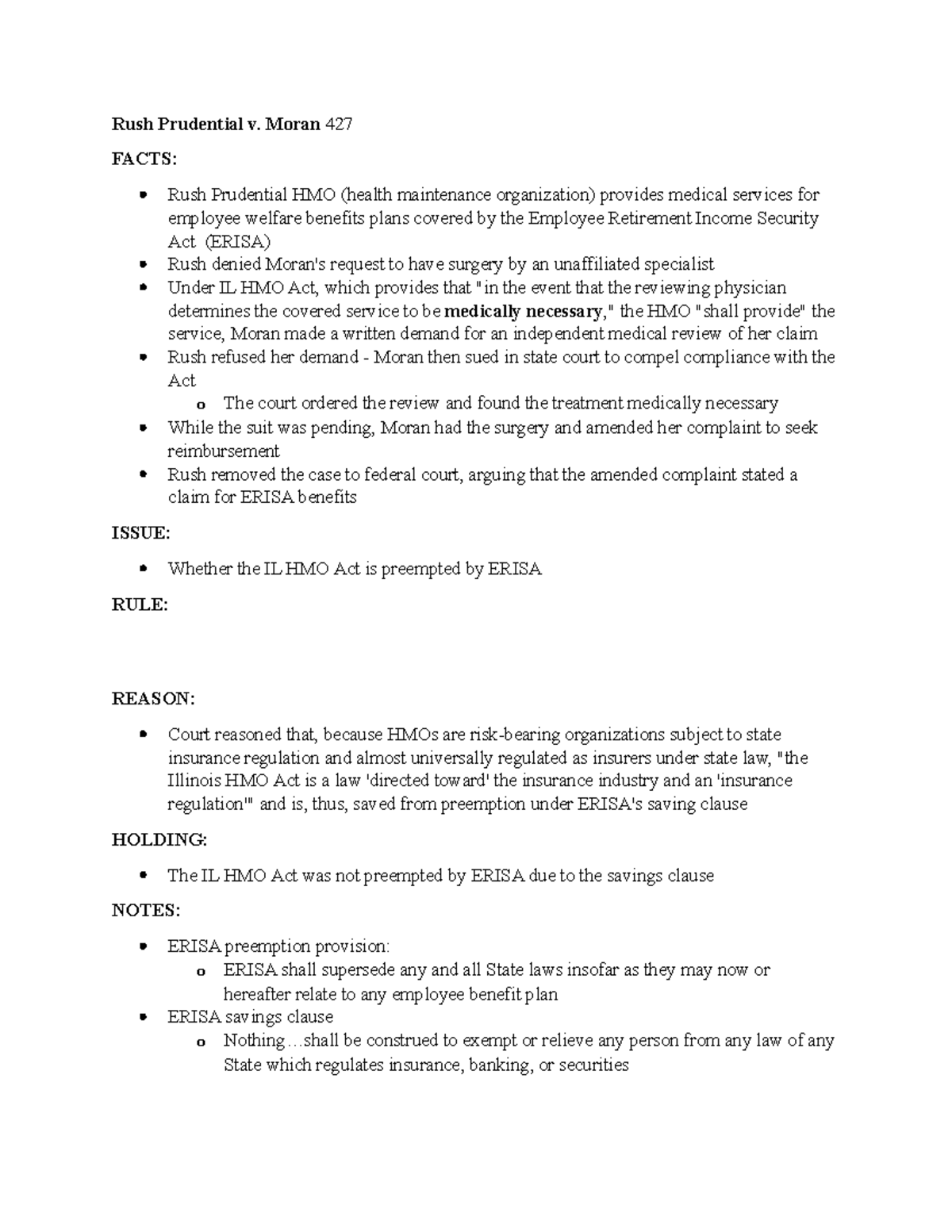 Erisa Case briefs. Rush Prudential v. Moran 427 FACTS Rush Prudential HMO (health