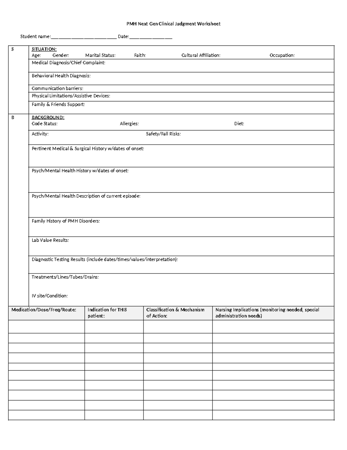 PMH Next Gen SBAR Clinical Judgment Worksheet - PMH Next Gen Clinical ...