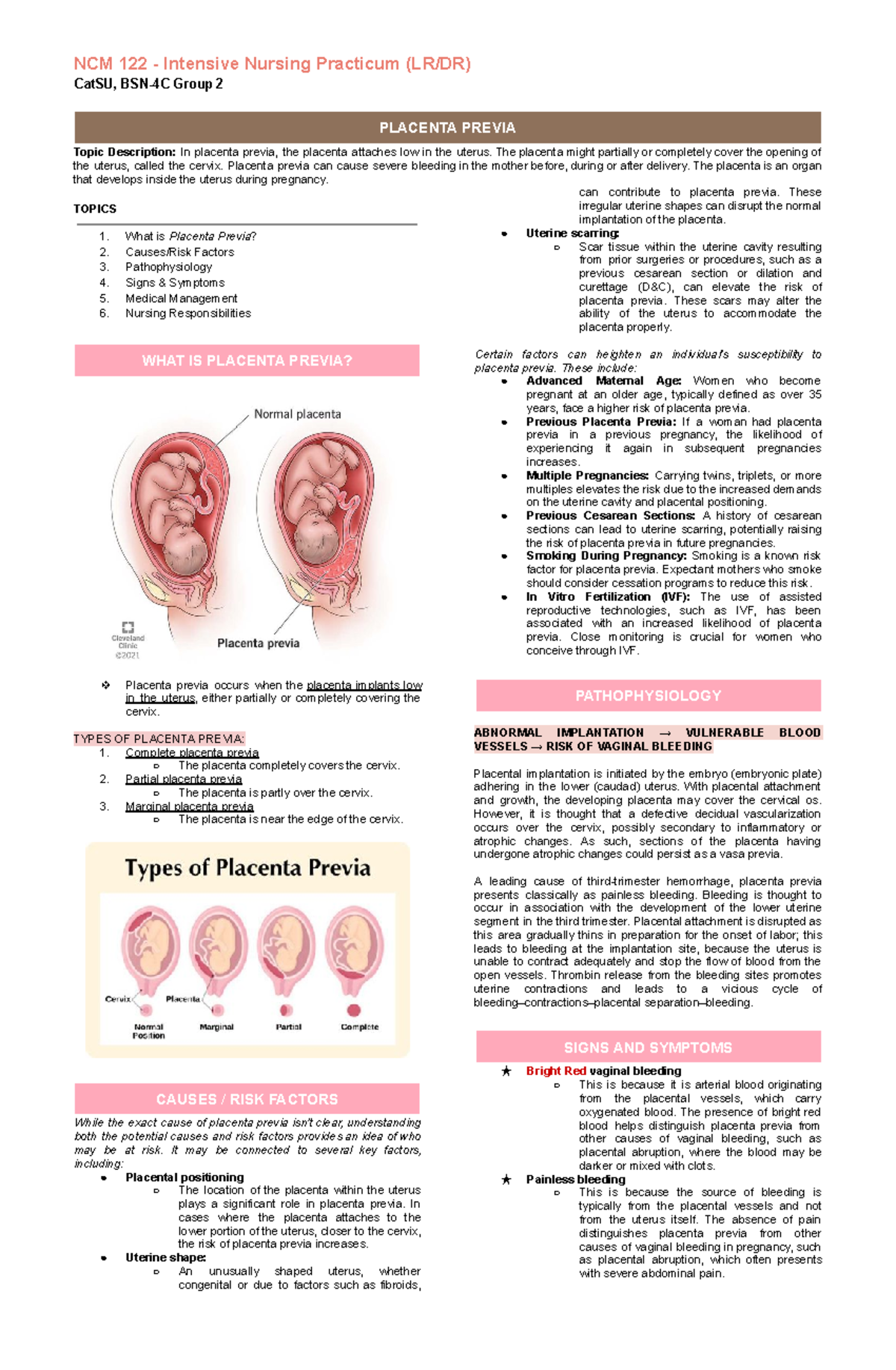 Placenta Previa - NCM 122 - Intensive Nursing Practicum (LR/DR) CatSU ...