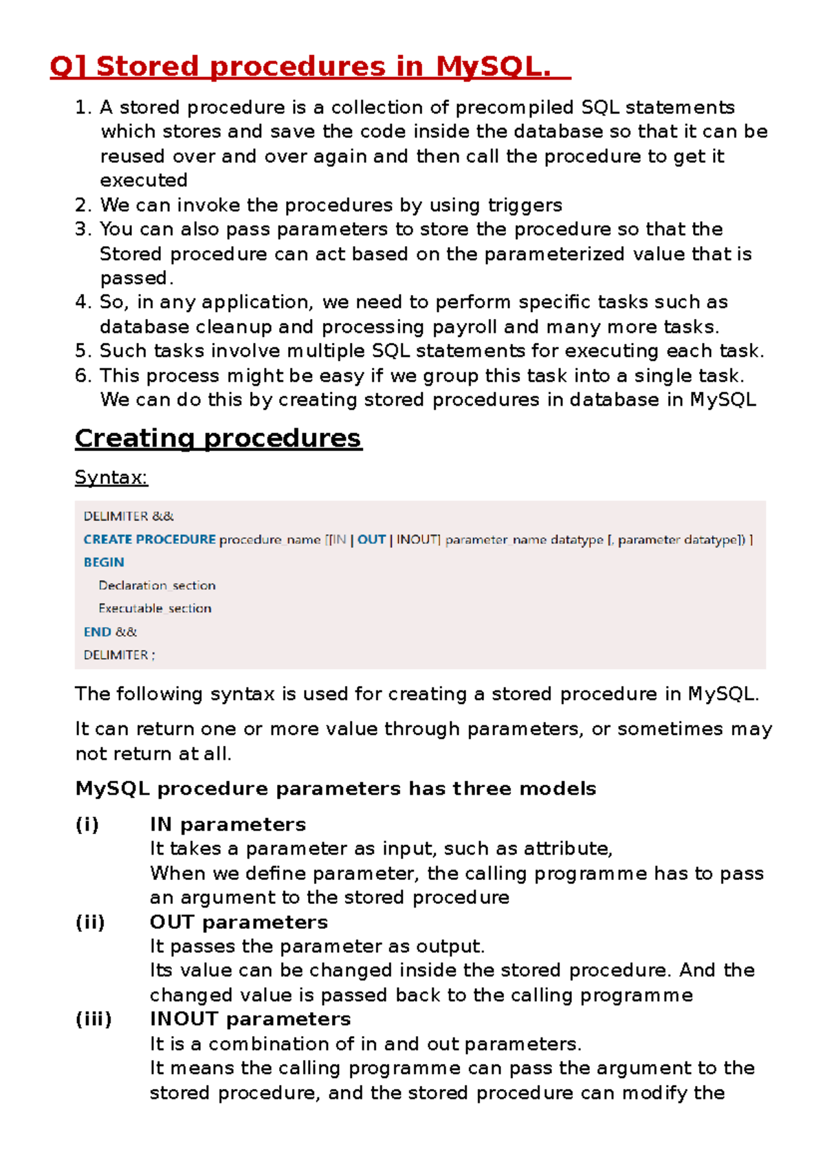 DBMS UNIT-5 - dbms notes - Q] Stored procedures in MySQL. 1. A stored ...