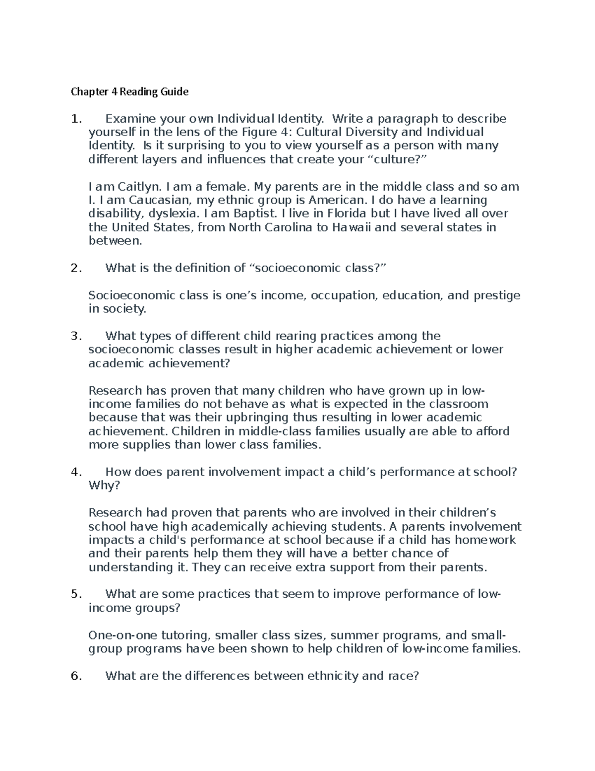 Chapter 4 Assignment - Chapter 4 Reading Guide Examine your own ...