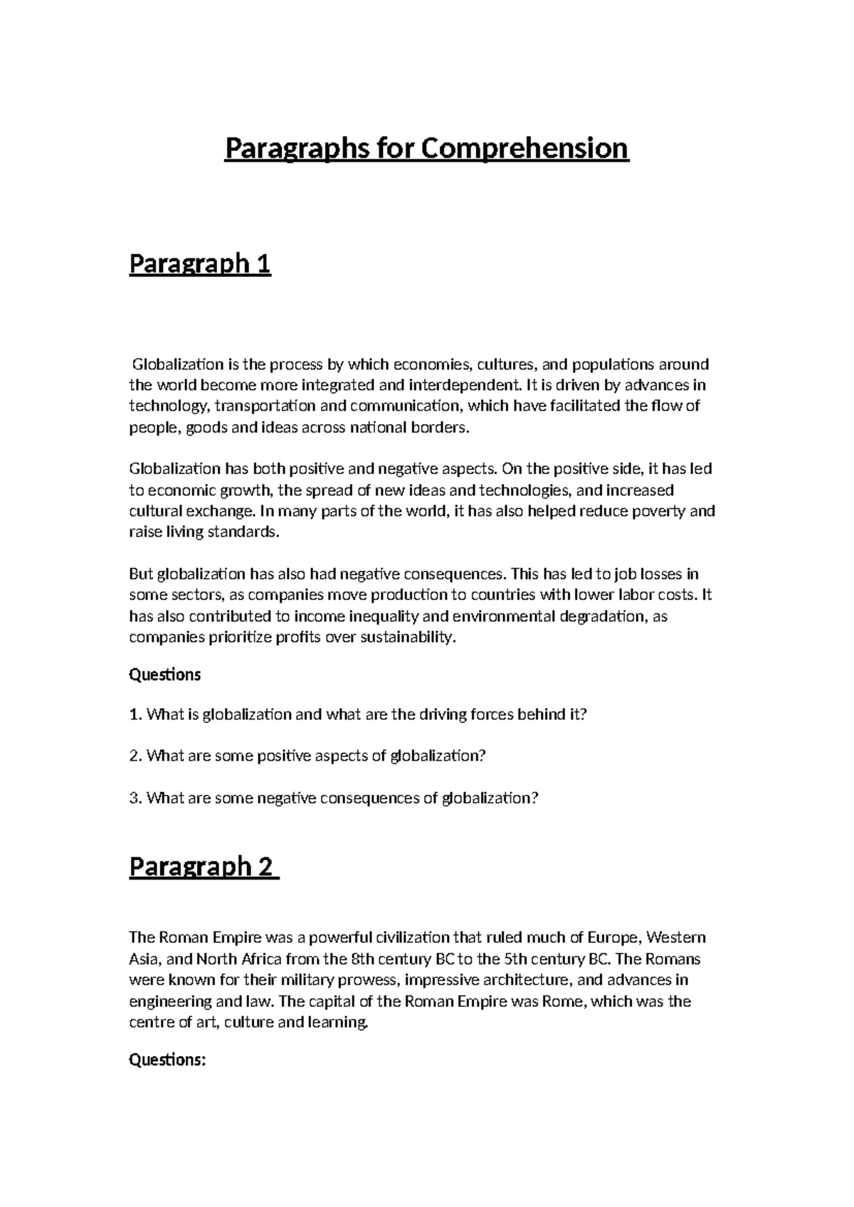 Comprehension Paragraphs - Paragraphs for Comprehension Paragraph 1 ...