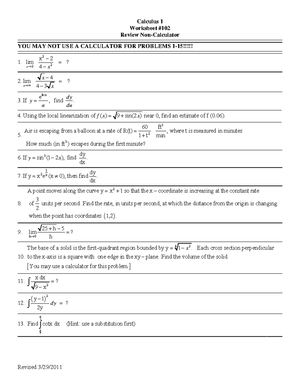 AB ws 102 Review Non Calculator Calculus 1 Worksheet Review Non