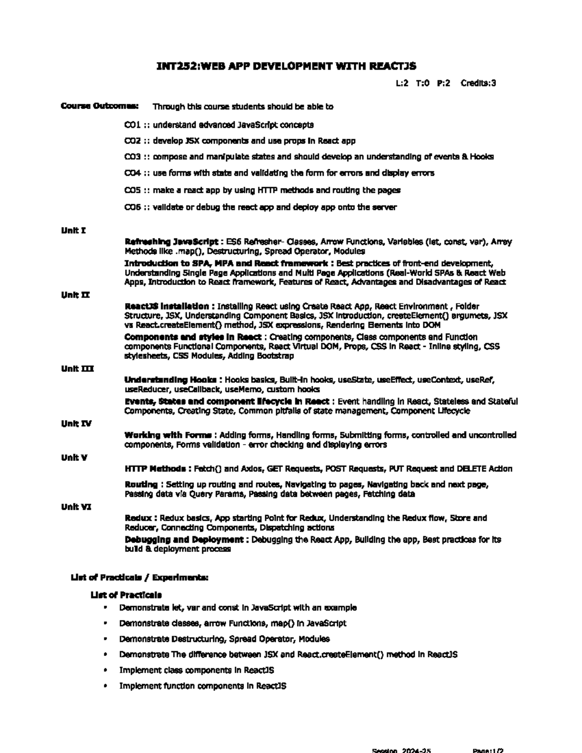 React syllabus INT252 - good to have before starting of the class ...