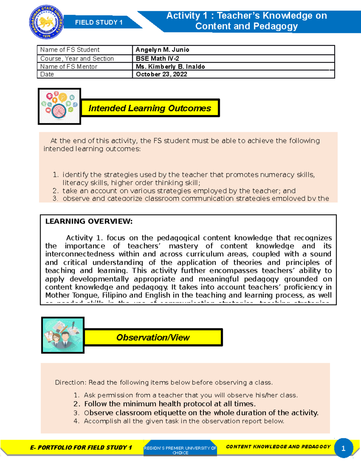 BSE MATH IV-2- Junio, Angelyn M. ( Activity 1) - ####### FIELD STUDY 1 ...