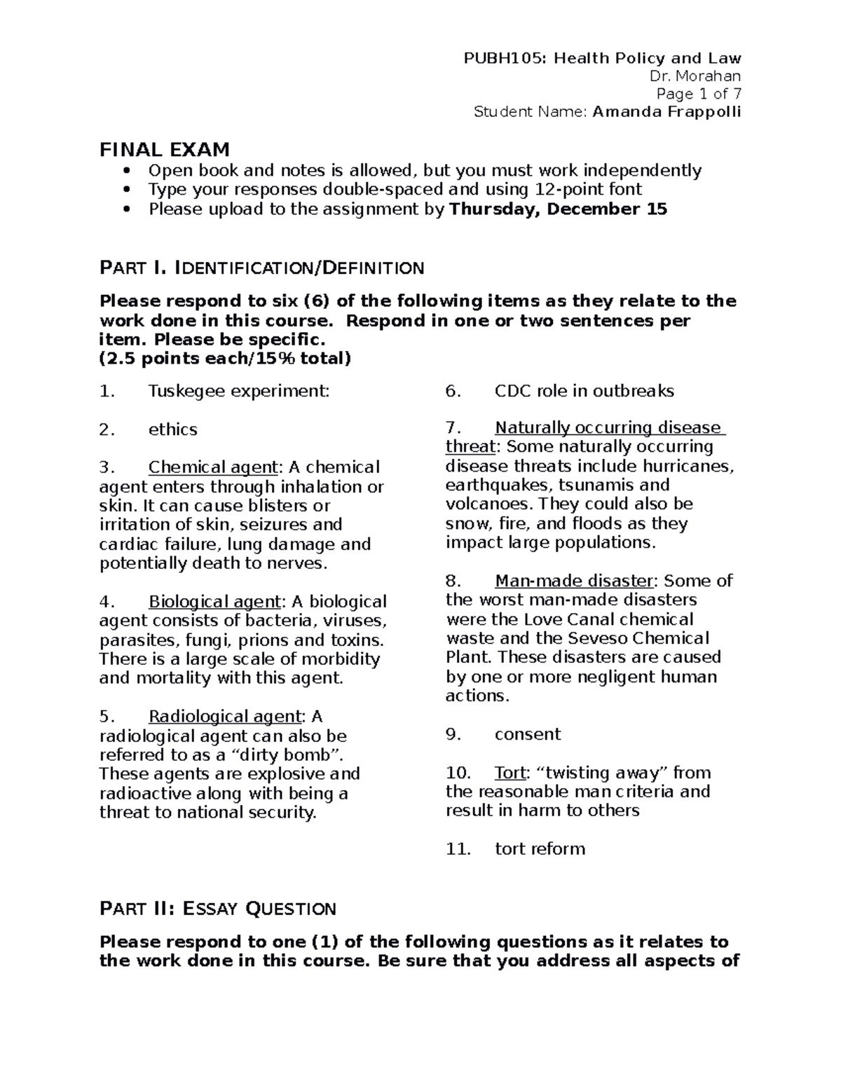 H And Law Final Exam Study Guides For Exams Dr Morahan Page Of