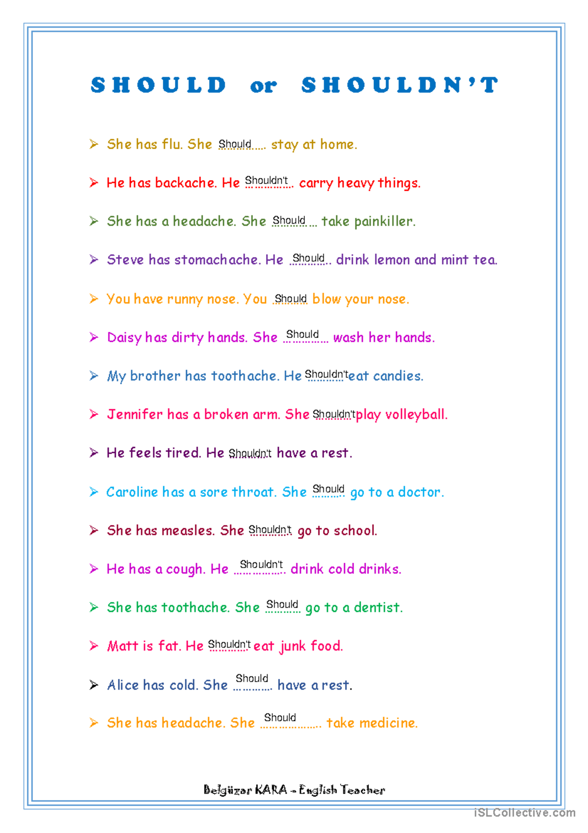 Should - Shouldnt - Deber - Belgüzar KARA – English Teacher S H O U L D ...