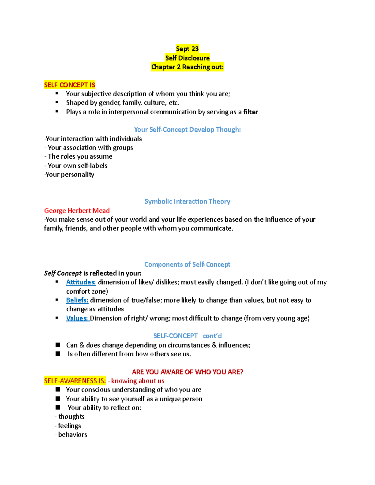 AHSC 230 Class Notes Chapter 2 - Sept 23 Self Disclosure Chapter 2 ...