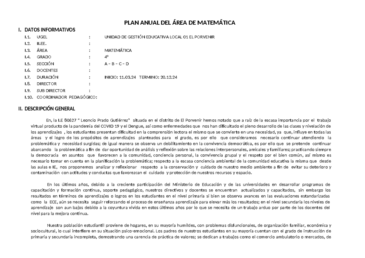 Programacion Anual 2024 - Cuarto (10) - PLAN ANUAL DEL ÁREA DE ...