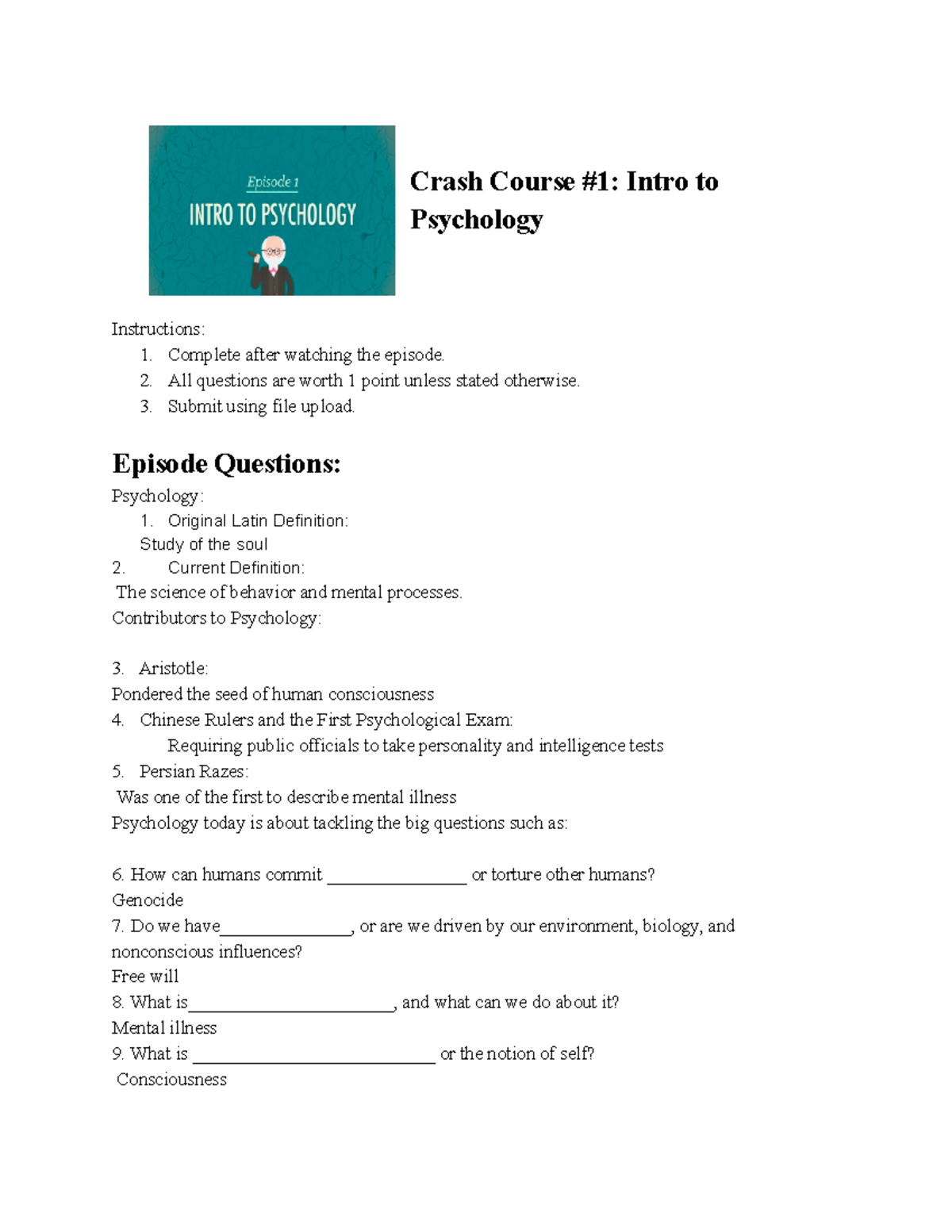 Psychology Copy of Crash Course Episode 1 Crash Course 1 Intro to