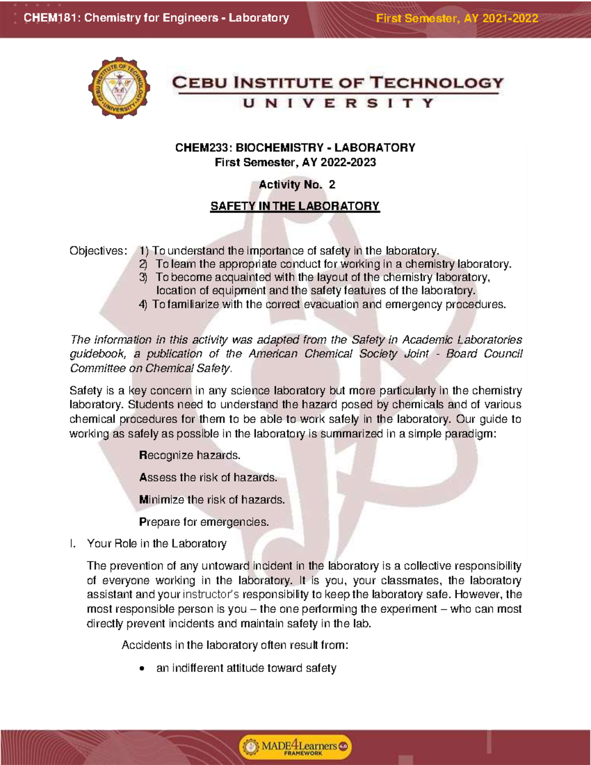 Activity 2 Laboratory Safety - CHEM233: BIOCHEMISTRY - LABORATORY First ...