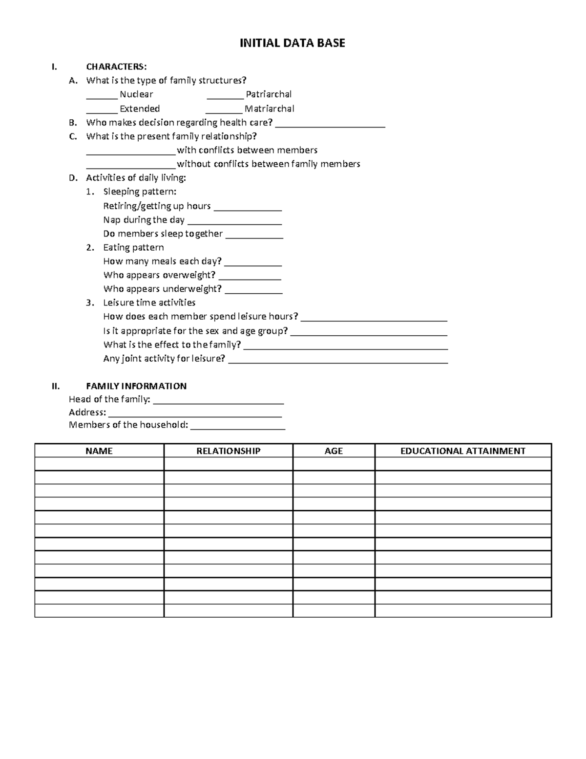 5.2-Initial-Data-Base - INITIAL DATA BASE I. CHARACTERS: A. What is the ...
