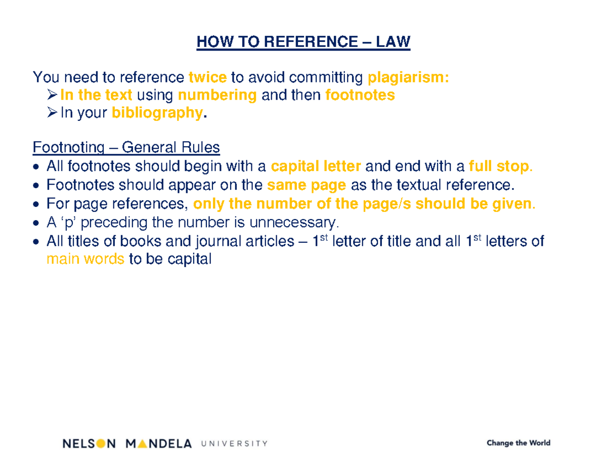 Footnoting summary 2019 - HOW TO REFERENCE – LAW You need to reference ...