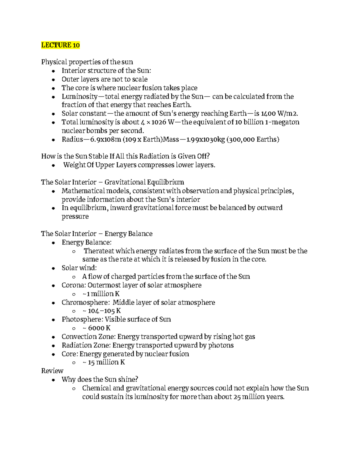 ASTR 114 EXAM 2 NOTES - LECTURE 10 Physical Properties Of The Sun ...