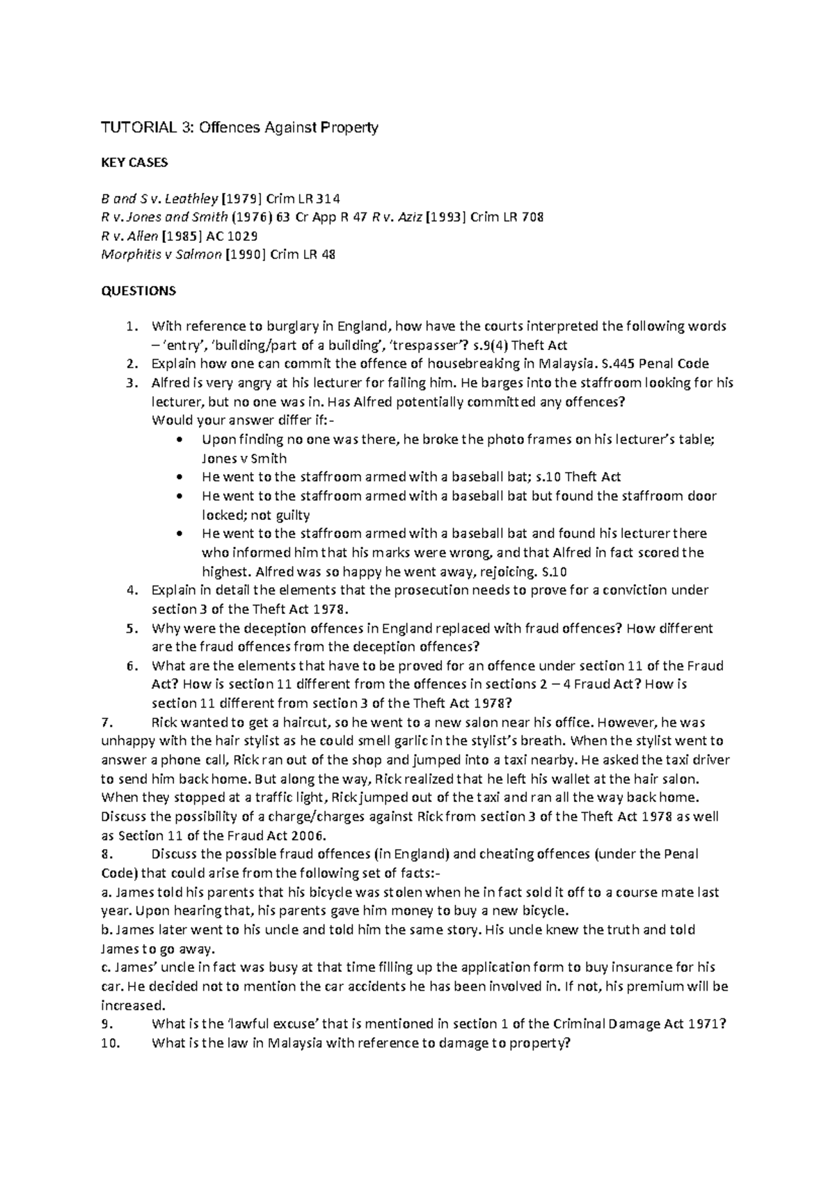 Tutorial3 Question - TUTORIAL 3: Offences Against Property KEY CASES B ...