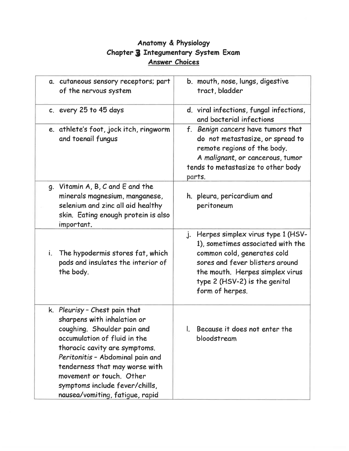 Chapter 3 Integumentary System Exam - student answer choices - anatomie ...