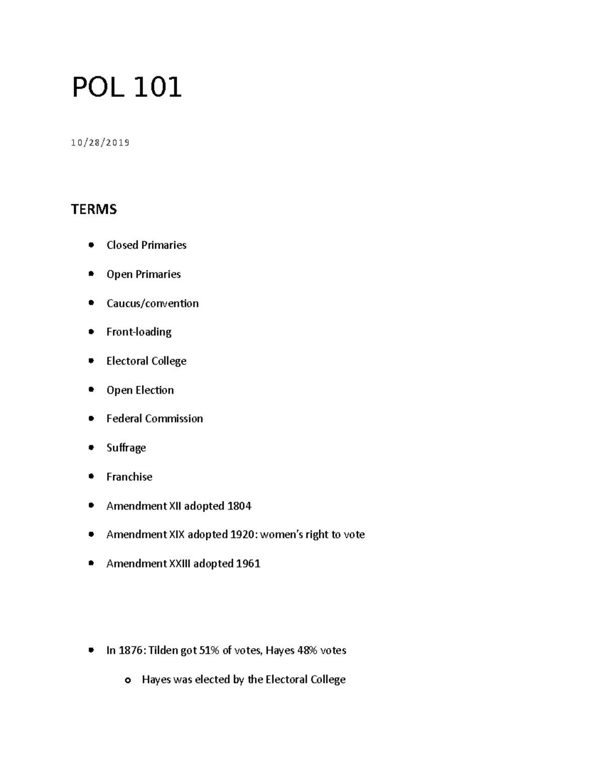 POL 101 10282019 - Lecture notes 8 - POL 101 10/28/ TERMS Closed ...