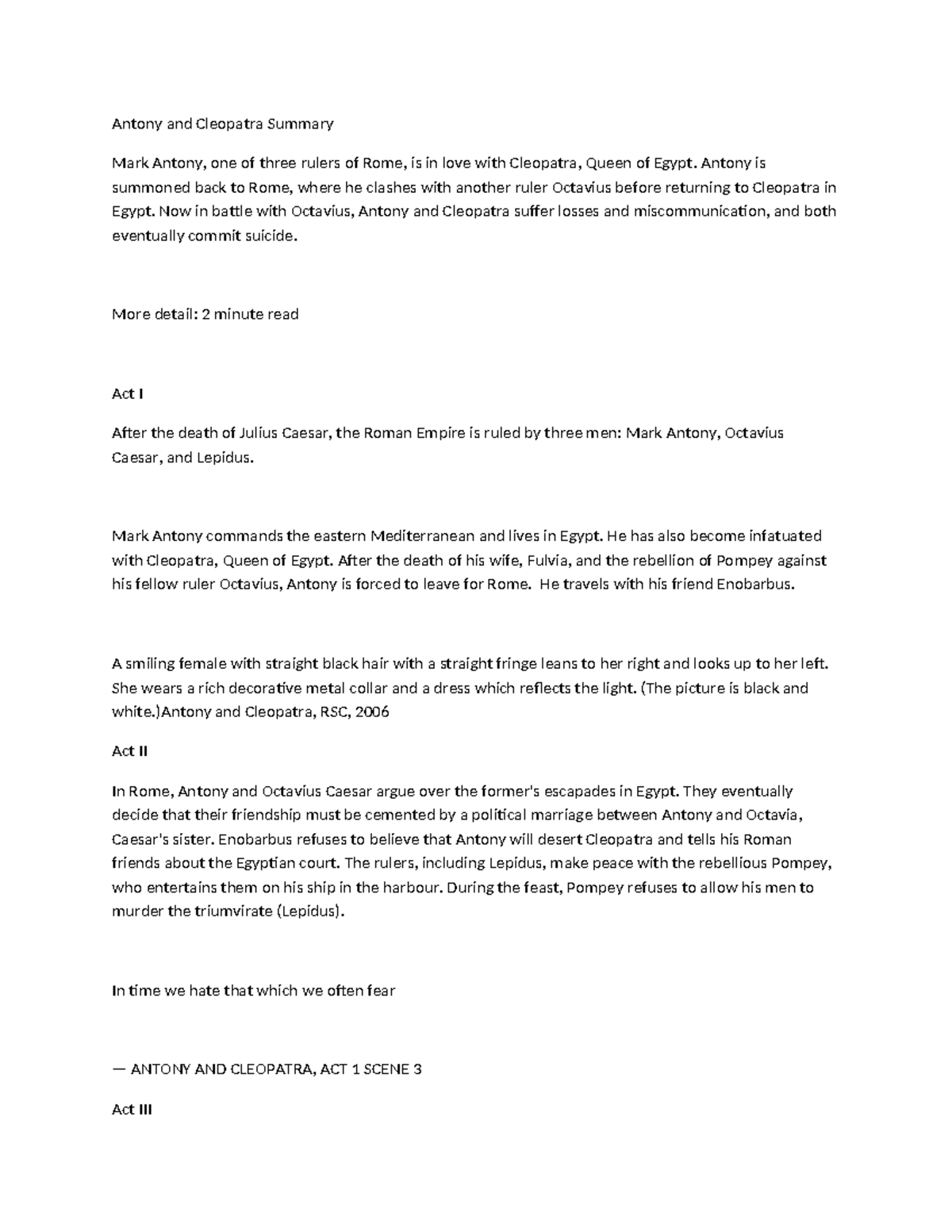 Antony and CleoWPS Office Antony and Cleopatra Summary Mark Antony, one of three rulers of