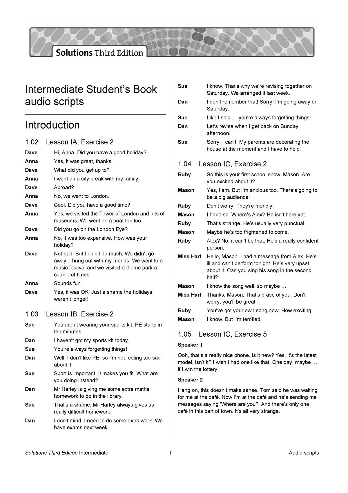 Solutions Intermediate. Audio Scripts For SB 2017 . 3rd - Intermediate ...